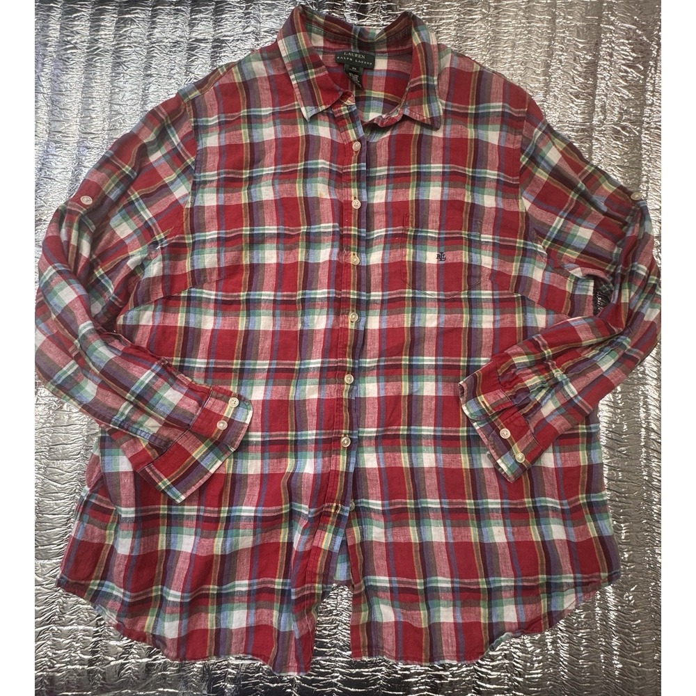 Lauren Ralph Lauren Women’s 2X Red Plaid Linen Roll Tab/sleeve Button Up Blouse